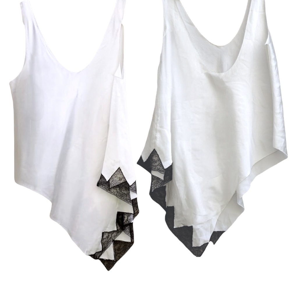 Alexander Wang White Silky Asymmetrical Backless Tank Top Blouse Black Lace Trim